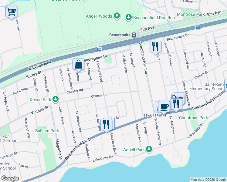 map of restaurants, bars, coffee shops, grocery stores, and more near 539 Church Street in Beaconsfield