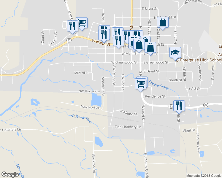 map of restaurants, bars, coffee shops, grocery stores, and more near 502 Depot Street in Enterprise