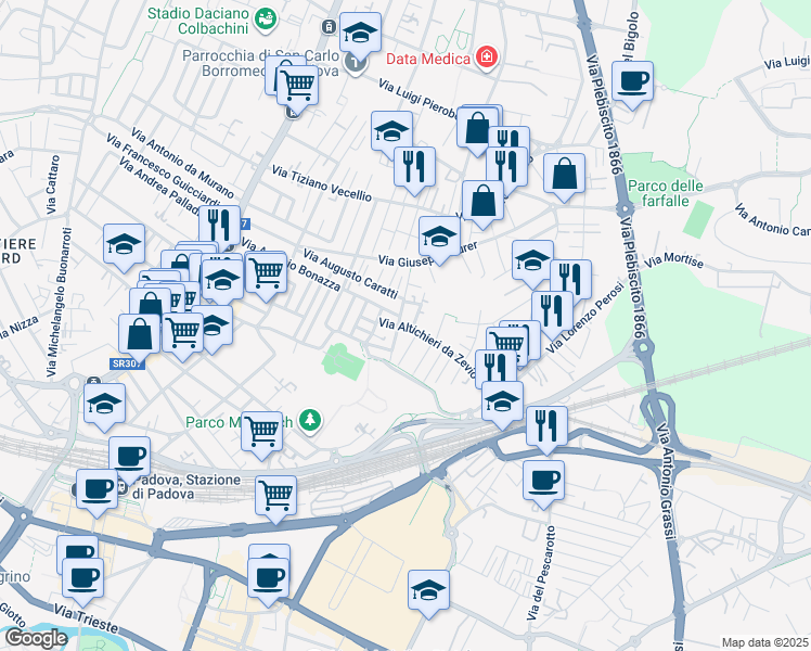 map of restaurants, bars, coffee shops, grocery stores, and more near 6 Via Claudio Monteverdi in Padova