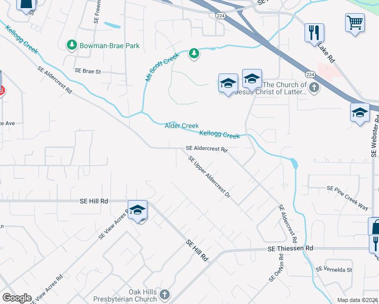 map of restaurants, bars, coffee shops, grocery stores, and more near 14000 Southeast Upper Aldercrest Drive in Milwaukie