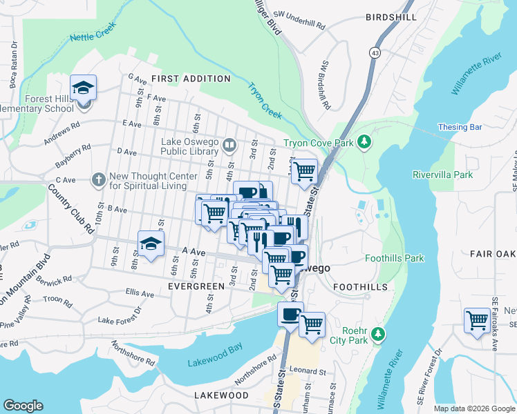 map of restaurants, bars, coffee shops, grocery stores, and more near in Lake Oswego