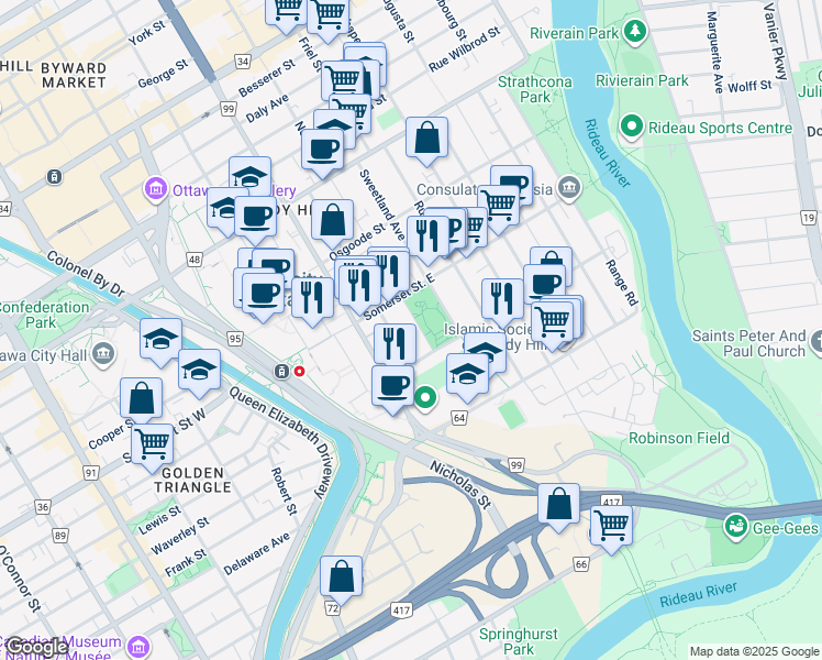 map of restaurants, bars, coffee shops, grocery stores, and more near in Ottawa