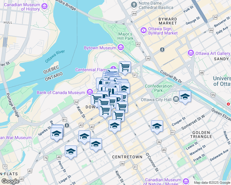 map of restaurants, bars, coffee shops, grocery stores, and more near 45 O'Connor Street in Ottawa