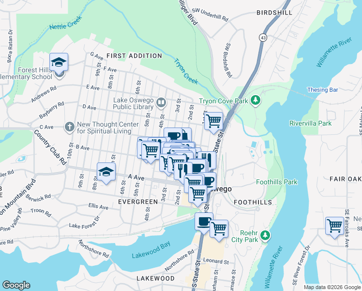 map of restaurants, bars, coffee shops, grocery stores, and more near in Lake Oswego
