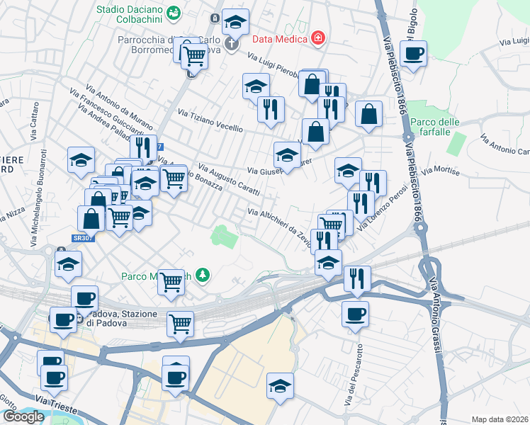 map of restaurants, bars, coffee shops, grocery stores, and more near 6 Via Claudio Monteverdi in Padua