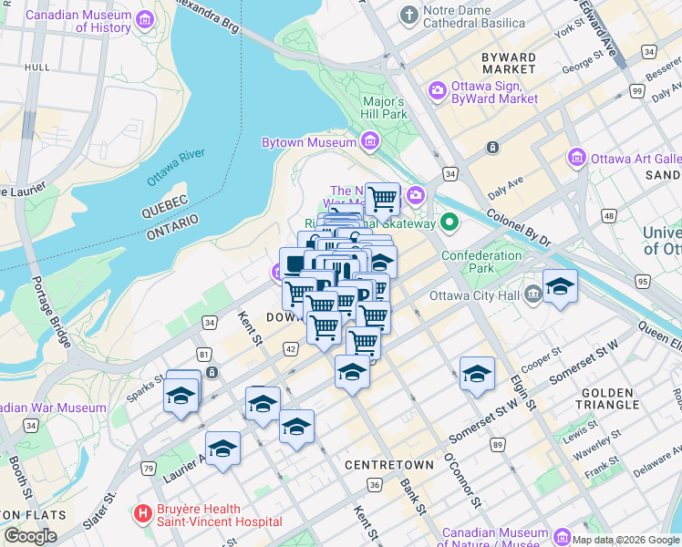 map of restaurants, bars, coffee shops, grocery stores, and more near in Ottawa