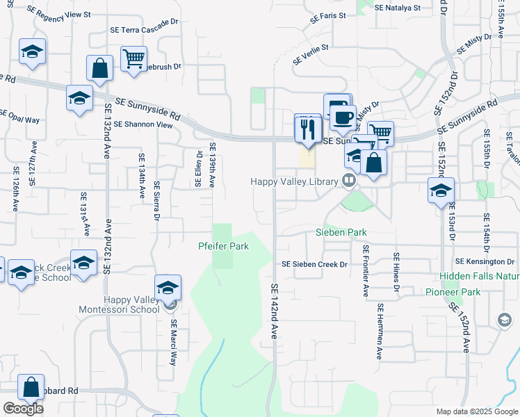 map of restaurants, bars, coffee shops, grocery stores, and more near 13976 Southeast 141st Avenue in Clackamas