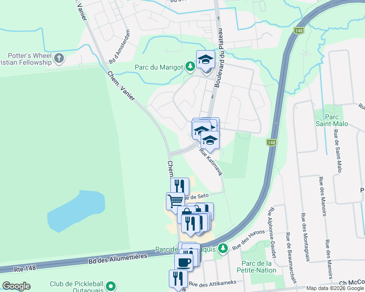 map of restaurants, bars, coffee shops, grocery stores, and more near 962 Boulevard du Plateau in Gatineau