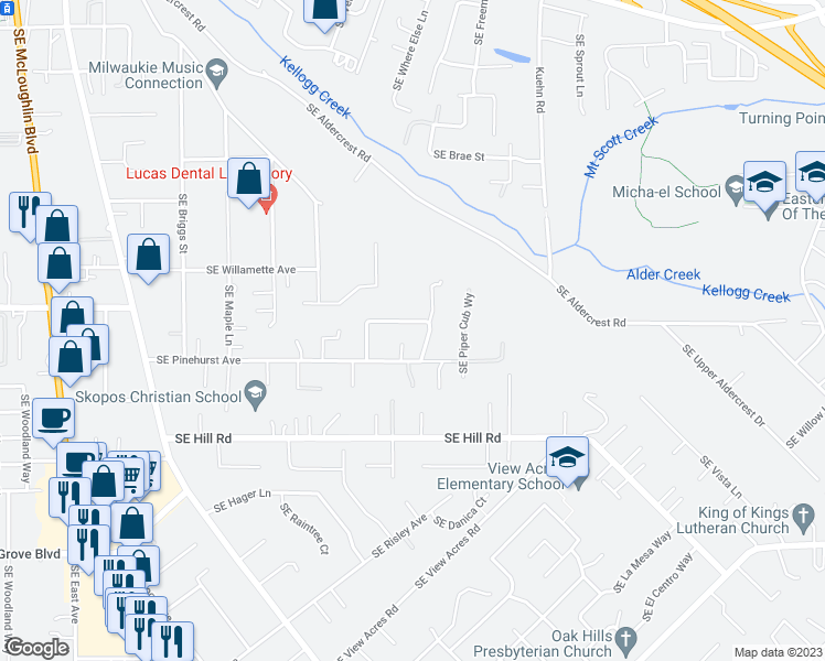 map of restaurants, bars, coffee shops, grocery stores, and more near 4250 Southeast Cardinal Street in Milwaukie