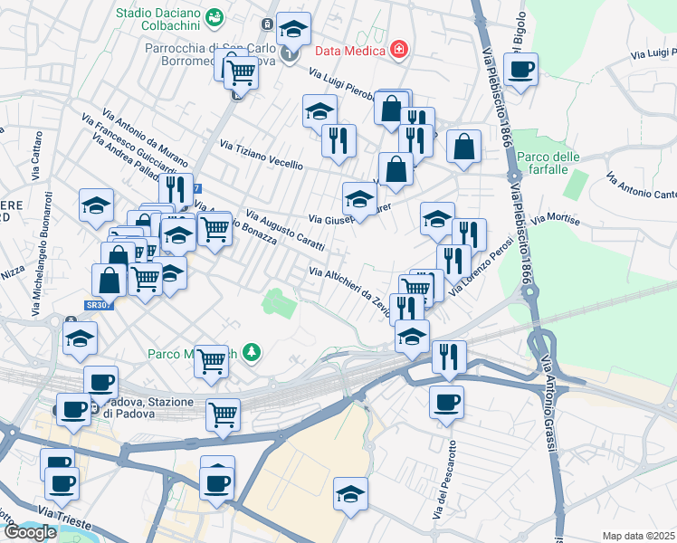 map of restaurants, bars, coffee shops, grocery stores, and more near 6 Via Claudio Monteverdi in Padua