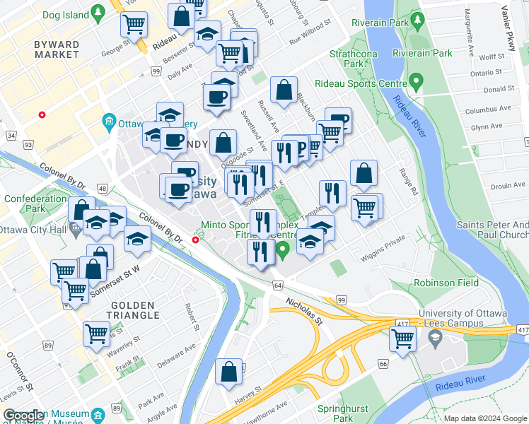 map of restaurants, bars, coffee shops, grocery stores, and more near in Ottawa