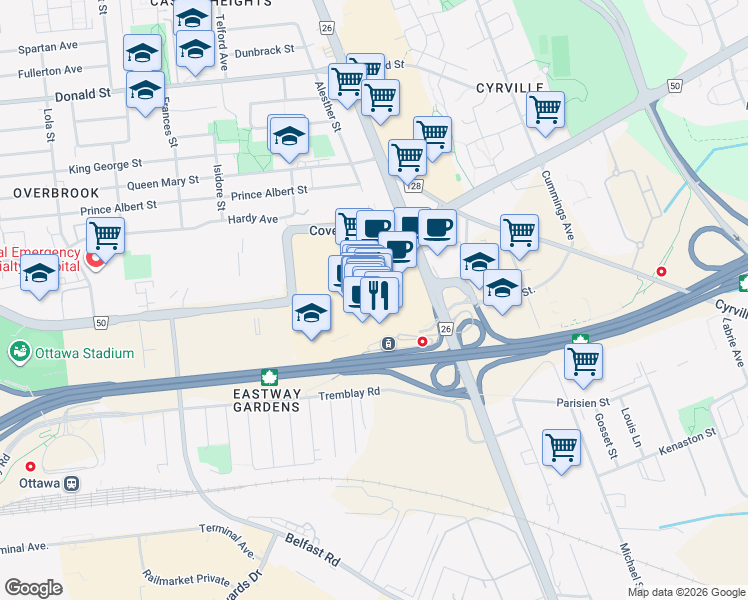 map of restaurants, bars, coffee shops, grocery stores, and more near 1200 Saint Laurent Boulevard in Ottawa