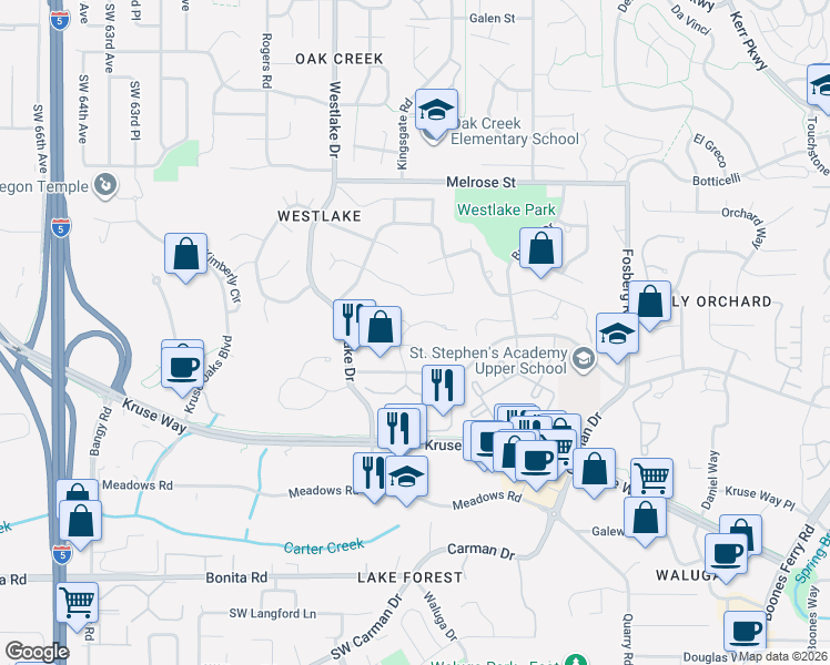 map of restaurants, bars, coffee shops, grocery stores, and more near 14390 Camden Lane in Lake Oswego
