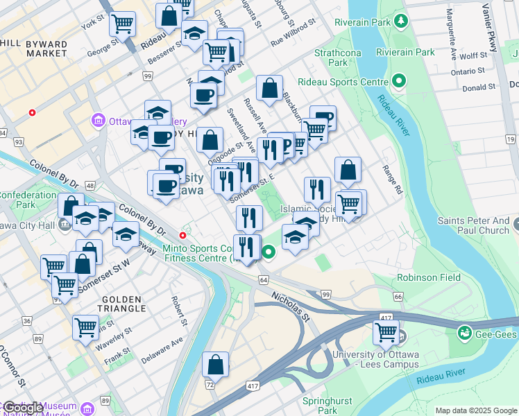 map of restaurants, bars, coffee shops, grocery stores, and more near 209 Henderson Avenue in Ottawa