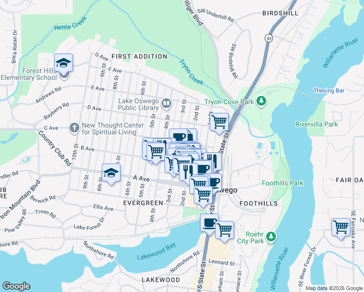 map of restaurants, bars, coffee shops, grocery stores, and more near 248 C Avenue in Lake Oswego