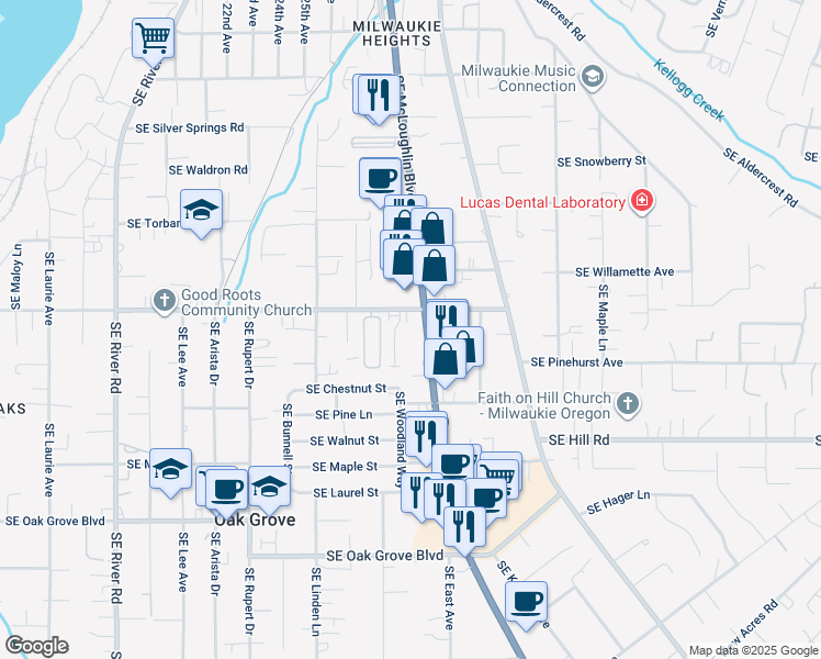 map of restaurants, bars, coffee shops, grocery stores, and more near 14015 Southeast McLoughlin Boulevard in Milwaukie