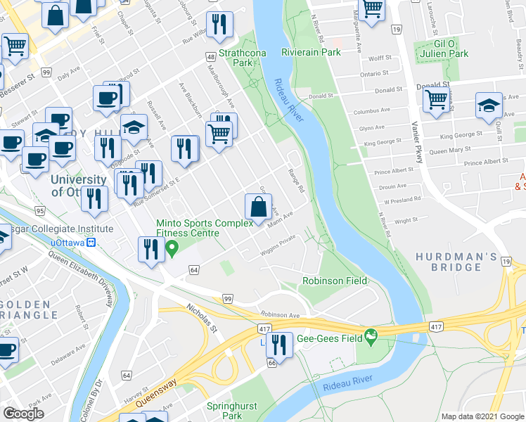 map of restaurants, bars, coffee shops, grocery stores, and more near in Ottawa