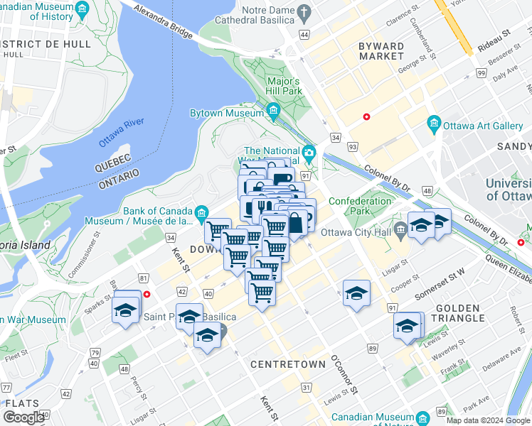 map of restaurants, bars, coffee shops, grocery stores, and more near in Ottawa