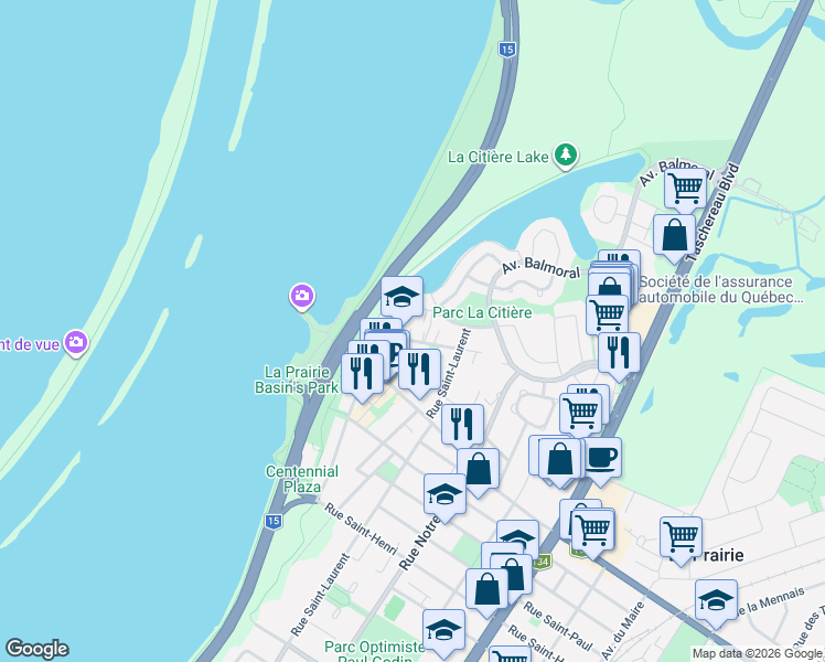 map of restaurants, bars, coffee shops, grocery stores, and more near 137 Rue du Boulevard in La Prairie