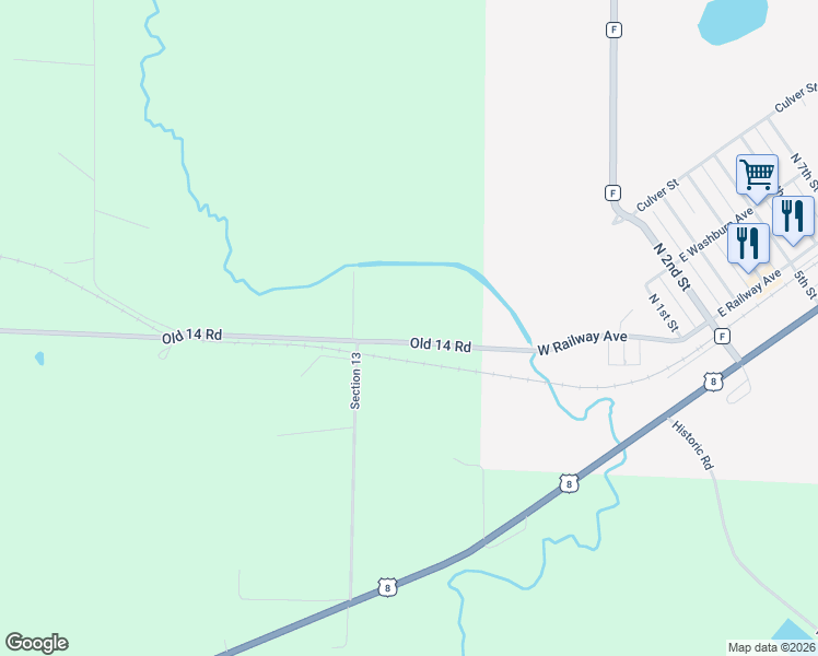 map of restaurants, bars, coffee shops, grocery stores, and more near W14648 Old Highway 14 in Weyerhaeuser