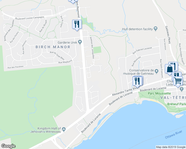map of restaurants, bars, coffee shops, grocery stores, and more near 11 Impasse des Lilas in Gatineau