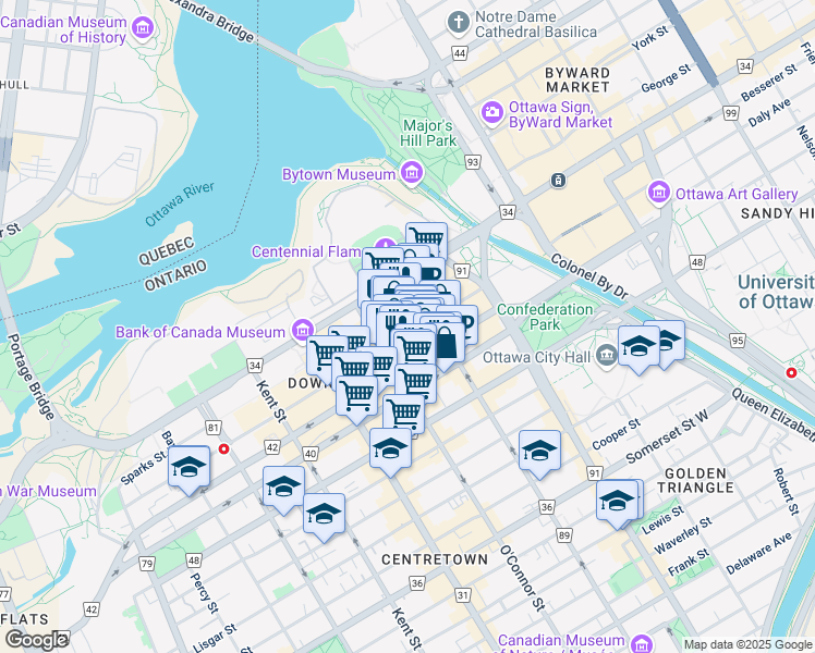 map of restaurants, bars, coffee shops, grocery stores, and more near in Ottawa