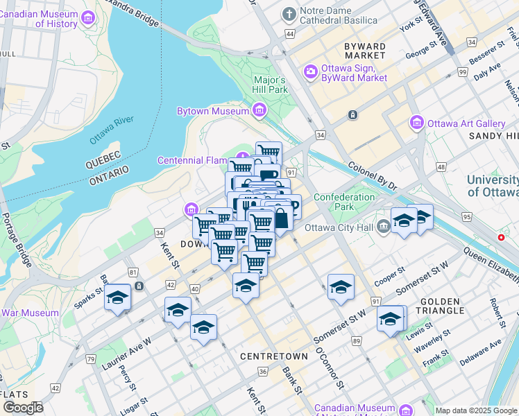 map of restaurants, bars, coffee shops, grocery stores, and more near 101 Queen Street in Ottawa