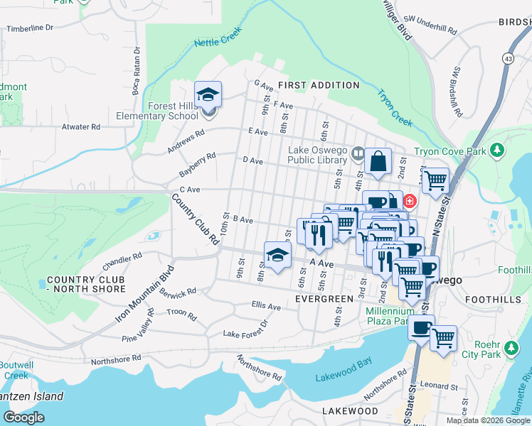 map of restaurants, bars, coffee shops, grocery stores, and more near 530 8th Street in Lake Oswego