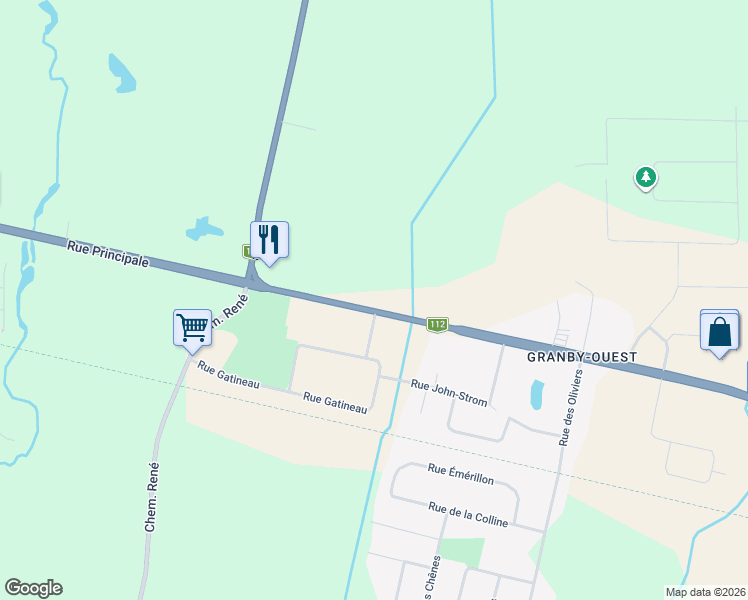 map of restaurants, bars, coffee shops, grocery stores, and more near 1307 Rue Principale in Granby