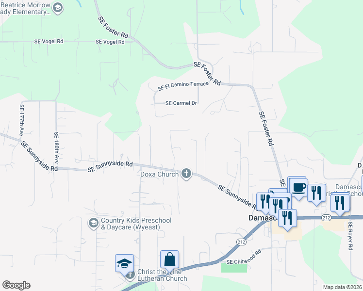 map of restaurants, bars, coffee shops, grocery stores, and more near 13939 Southeast Scooter Lane in Damascus