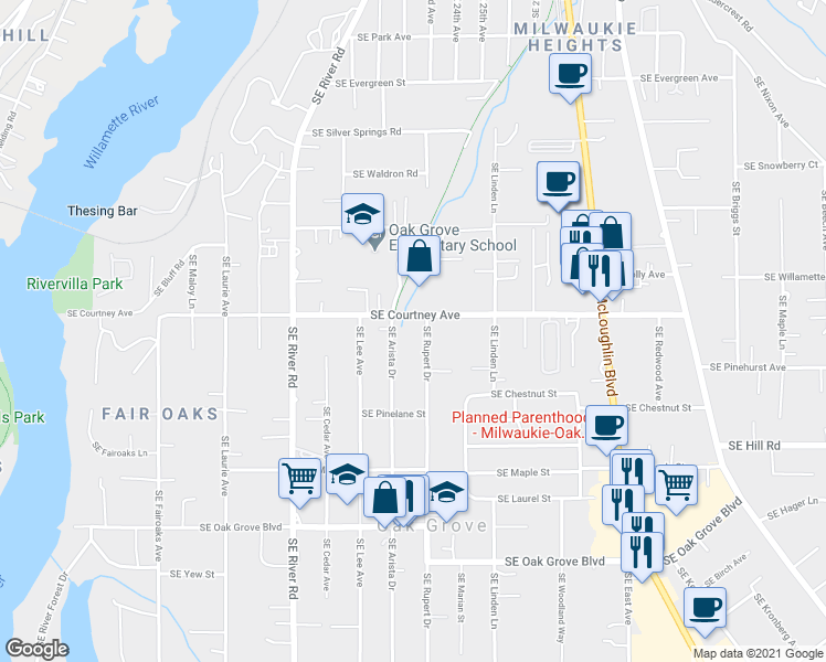 map of restaurants, bars, coffee shops, grocery stores, and more near 14028 Southeast Arista Drive in Oak Grove