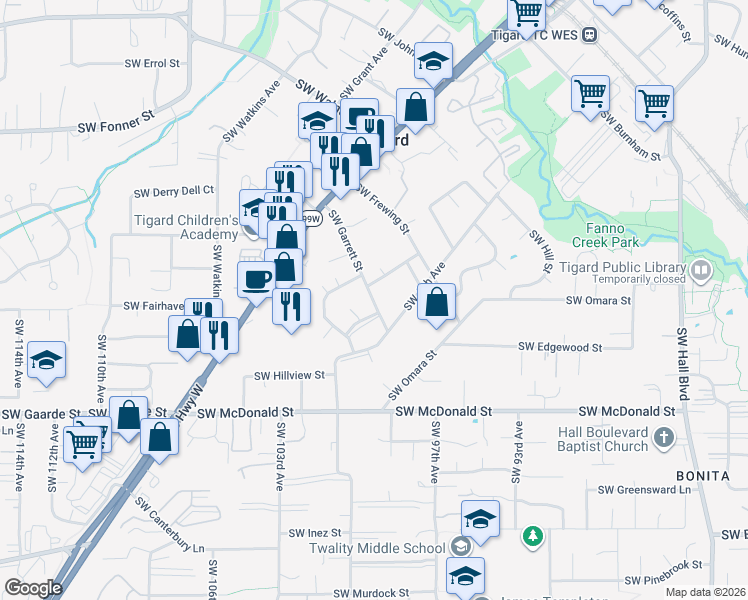 map of restaurants, bars, coffee shops, grocery stores, and more near 13605 Southwest Garrett Court in Tigard