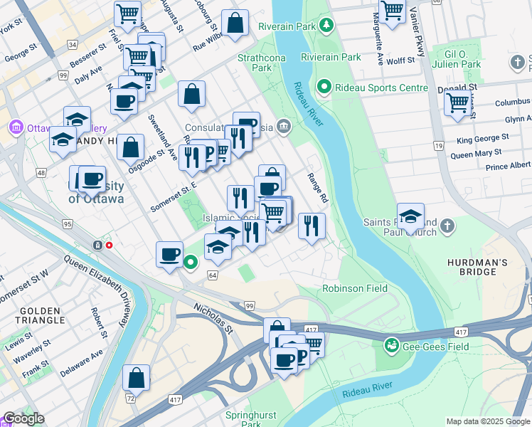 map of restaurants, bars, coffee shops, grocery stores, and more near in Ottawa