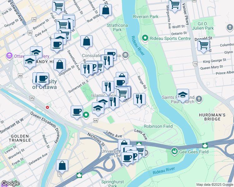 map of restaurants, bars, coffee shops, grocery stores, and more near in Ottawa