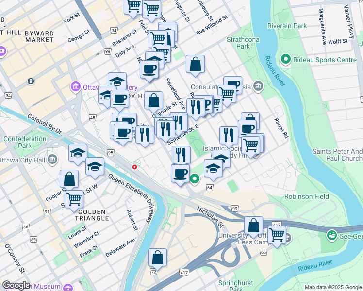 map of restaurants, bars, coffee shops, grocery stores, and more near in Ottawa