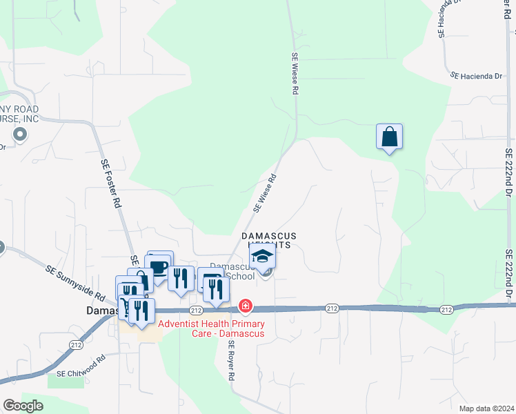 map of restaurants, bars, coffee shops, grocery stores, and more near 13890 Southeast Wiese Road in Damascus