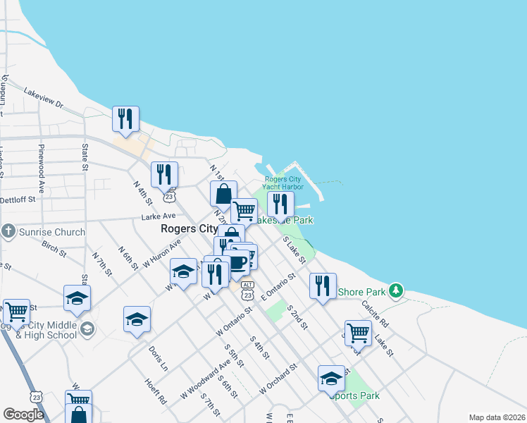 map of restaurants, bars, coffee shops, grocery stores, and more near 200 North Lake Street in Rogers City