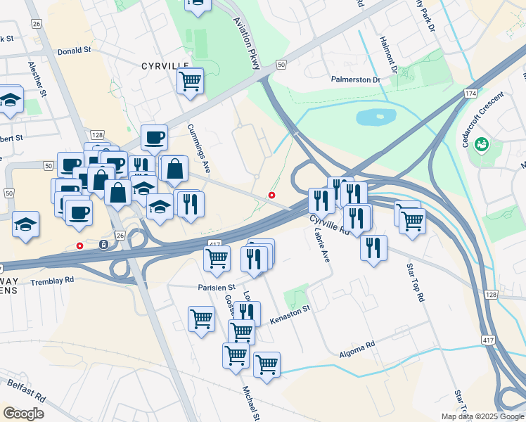 map of restaurants, bars, coffee shops, grocery stores, and more near 1250 Cyrville Road in Ottawa