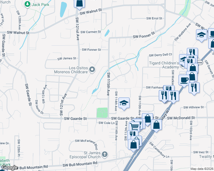 map of restaurants, bars, coffee shops, grocery stores, and more near 13535 Southwest 115th Avenue in Tigard