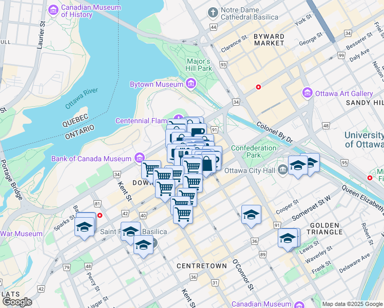 map of restaurants, bars, coffee shops, grocery stores, and more near in Ottawa