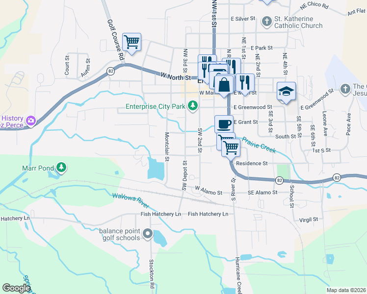 map of restaurants, bars, coffee shops, grocery stores, and more near 502 Depot Street in Enterprise
