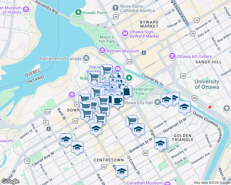 map of restaurants, bars, coffee shops, grocery stores, and more near in Ottawa