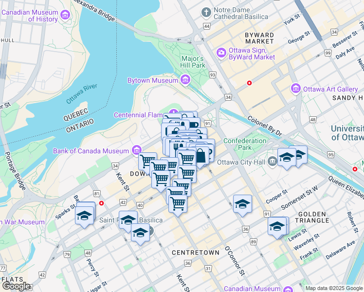 map of restaurants, bars, coffee shops, grocery stores, and more near in Ottawa