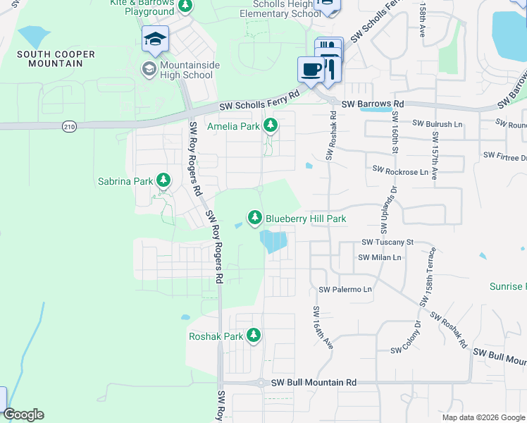 map of restaurants, bars, coffee shops, grocery stores, and more near 13580 Southwest Roy Rogers Road in Sherwood