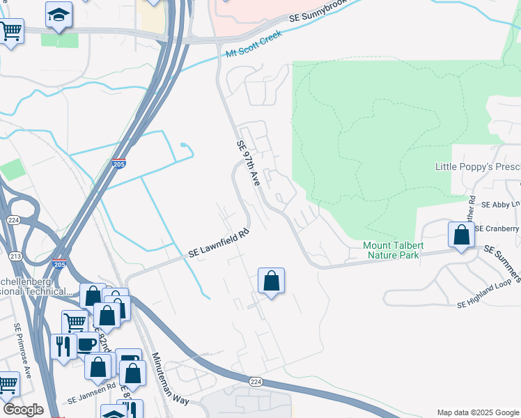 map of restaurants, bars, coffee shops, grocery stores, and more near 9950 Southeast Lawnfield Road in Clackamas