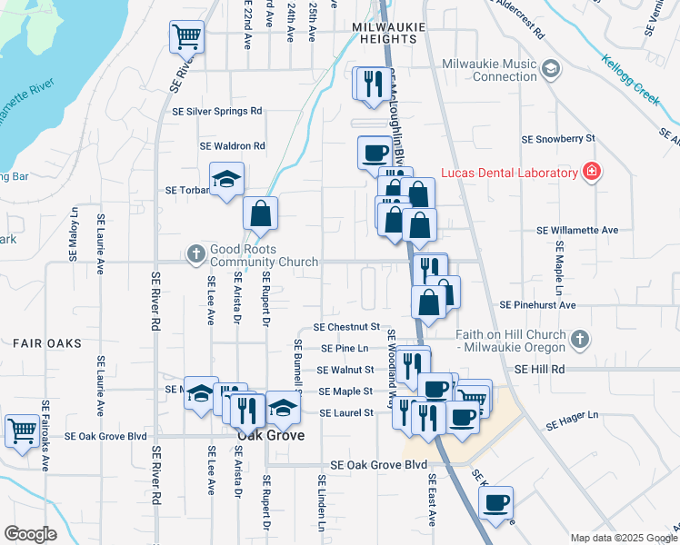 map of restaurants, bars, coffee shops, grocery stores, and more near 2670 Southeast Courtney Avenue in Milwaukie