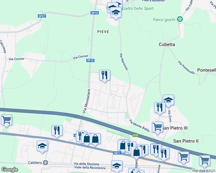 map of restaurants, bars, coffee shops, grocery stores, and more near 19 Via A. Vespucci in Strà-Montanara-Pieve