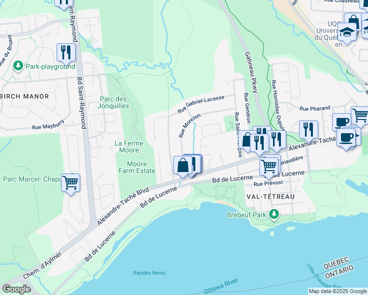 map of restaurants, bars, coffee shops, grocery stores, and more near 59 Rue Moncion in Gatineau