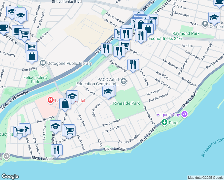 map of restaurants, bars, coffee shops, grocery stores, and more near 725 30e Av in Montréal