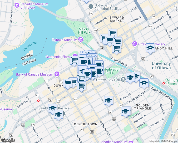 map of restaurants, bars, coffee shops, grocery stores, and more near 46 1/2 Sparks Street in Ottawa